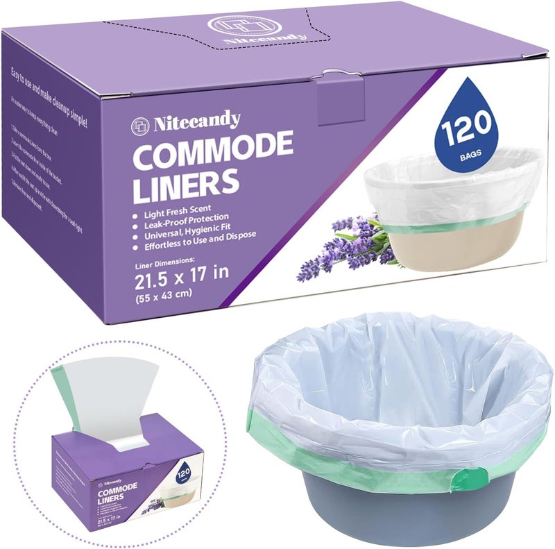 Nitecandy Commode Liners for Bedside Commode, 120 Count Universal Fit, Disposable Toilet Bags for Bedside Commode, Portable Toilet, Bed Pan, Medical Grade & Lavender Scented - Image 1